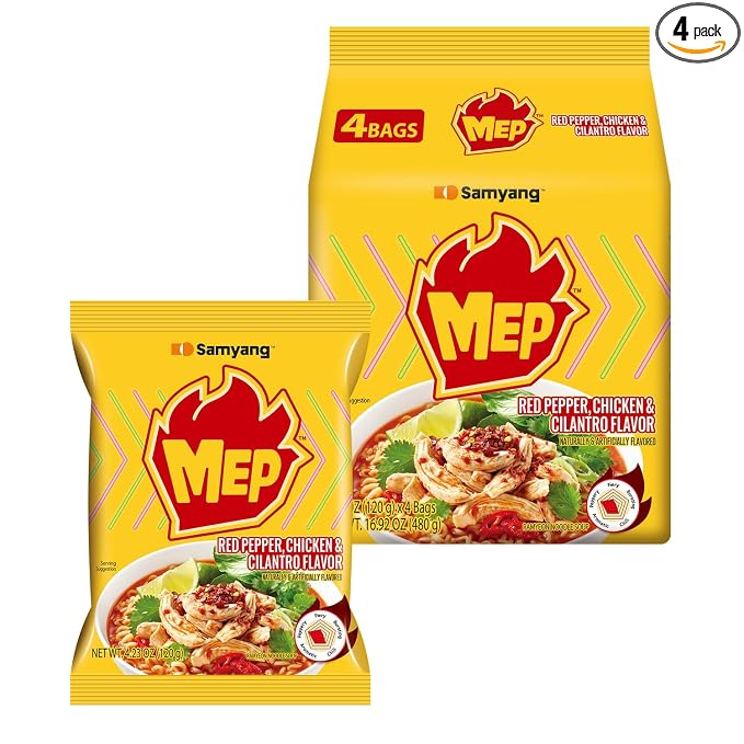 MEP Chicken Cilantro Bone Broth Korean Spicy Ramen Noodle Soup, 4-Pack | ENHYPEN Pick; Chicken bone broth with cilantro, lime, and red pepper; Chewy qq-texture noodles; Stovetop easy-cook pack