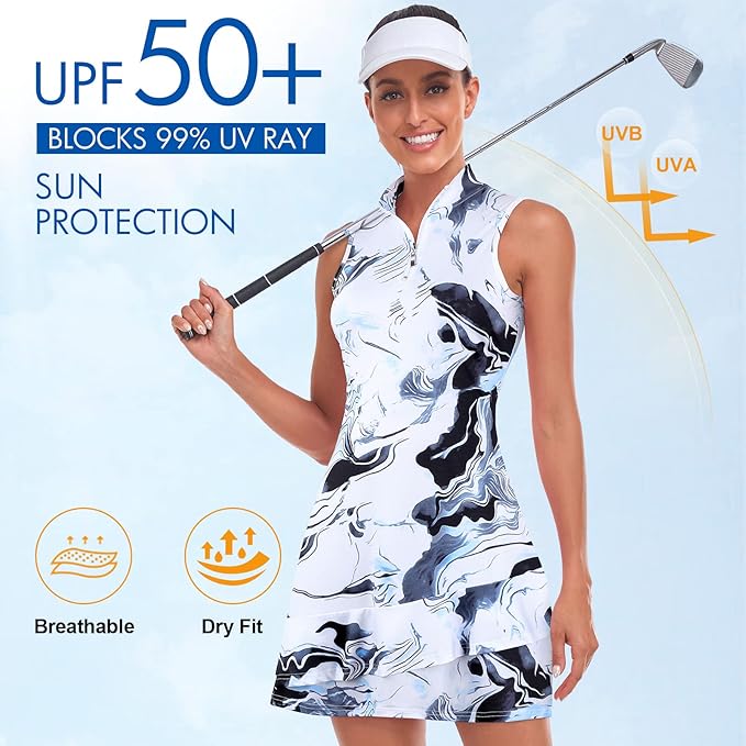 Viracy Tennis Dress for Women Sleeveless Golf Dresses with Shorts and Pockets Ruffle Zip Up Stand Collar Golf Outfits