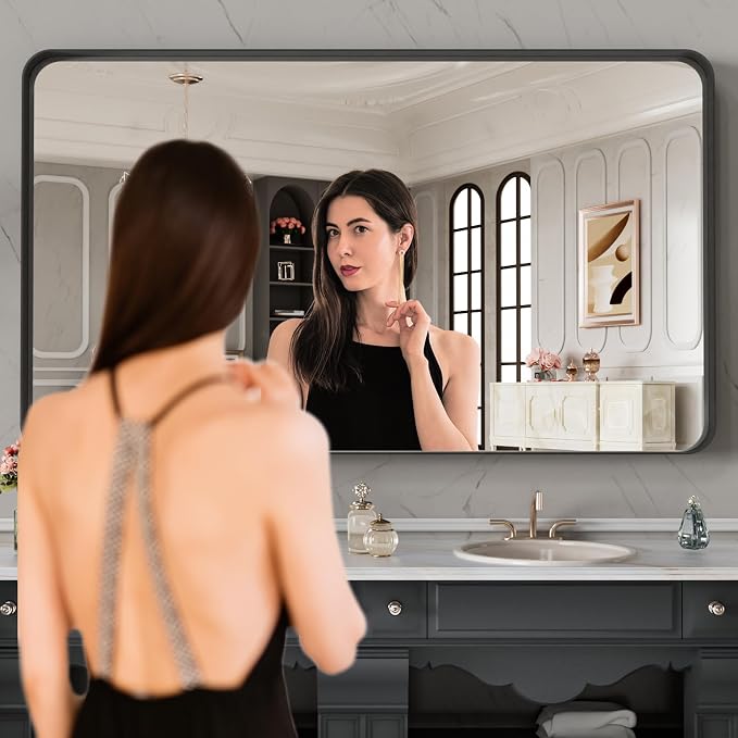 LOAAO 48X28 Inch Black Metal Framed Bathroom Mirror for Wall | Matte Black Bathroom Vanity Mirror, Anti-Rust, Tempered Glass, Hangs Horizontally or Vertically