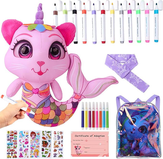 Stuffed Animal Coloring Plush Toy with 20 Washable Markers Laser Holographic Backpack Road Trip Car Game Writing Painting Set for Girls Doodle Dolls Kids Ages 3-6 Birthday(Pink Cat Mermaidr)