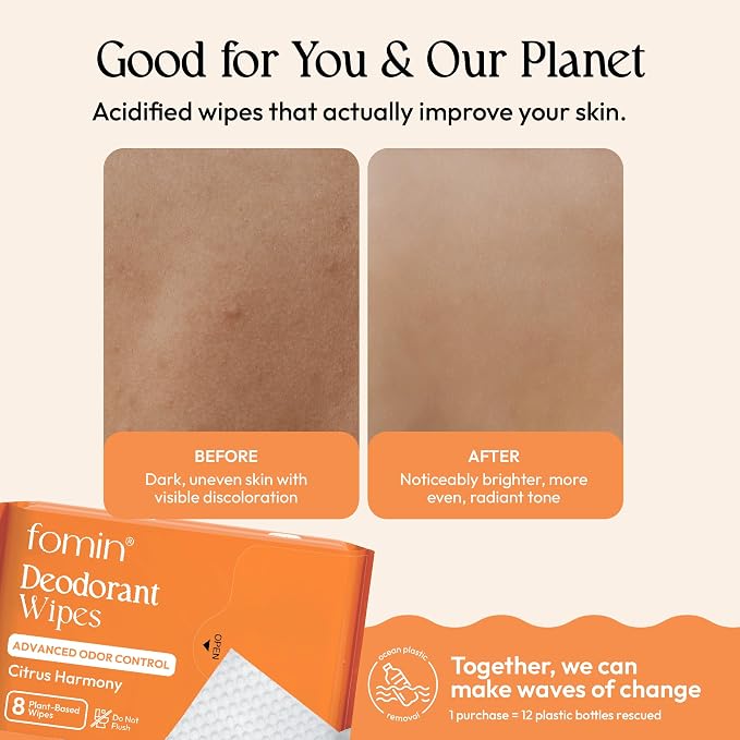 FOMIN Acidified Travel Deodorant Mini Wipes For Women & Men- Citrus Harmony - 72 Count - pH Balanced, Biodegradeable Mini Deodorant Travel Size Wipes - Plastic-Free, Underarm Body Wipes