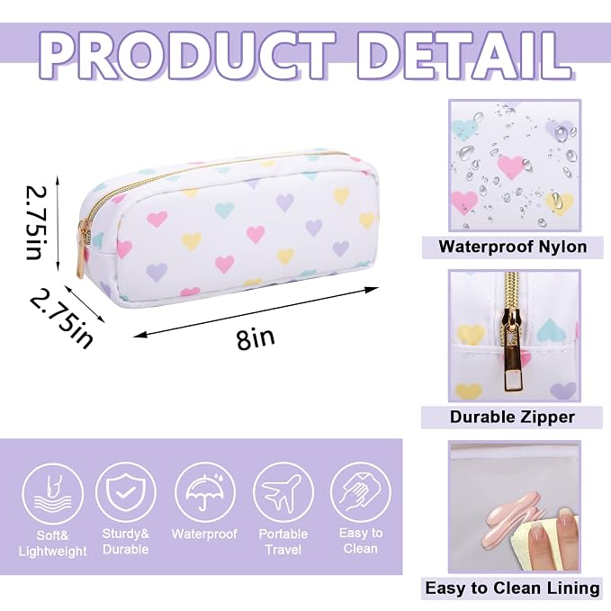 UIXIZQ Small Pencil Case Makeup Bag for Purse, Cute Pencil Pouch Nylon Preppy Makeup Brush Bag with Zipper, Girls Portable Stationery Storage Case for Office School College(Slim-White Heart)