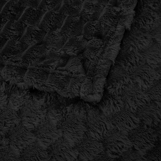 Puncuntex Black Throw Blanket 90"×90" inches Fuzzy 3D Jacquard Decorative | Flannel Fleece Super Soft Plush Cozy Blanket for Couch Sofa Chair Lightweight