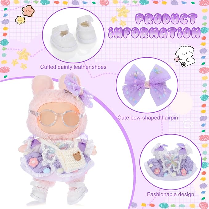 5 Pcs Stylish Set for 17cm Dolls with Fashion Hat, Skirt, Shoes and Sweater Outfit Set, Cute Doll Style Accessories Gift (Elegant,Purple)