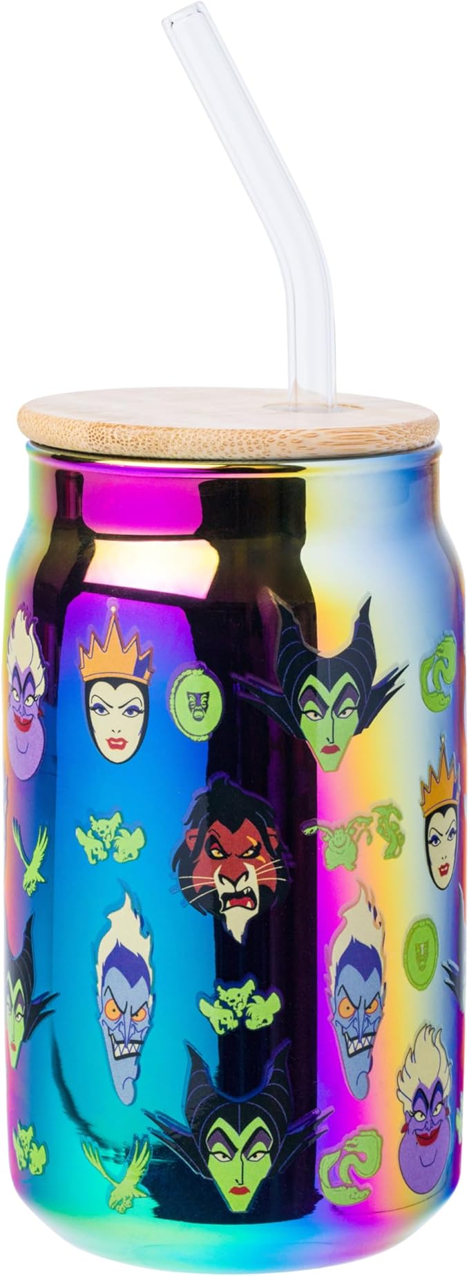 Silver Buffalo Disney Villains Electroplate Chrome Glass Tumbler with Bamboo Lid and Glass Straw Featuring Scar, Maleficent, Ursula, Evil Queen, and Hades, 16 Ounces