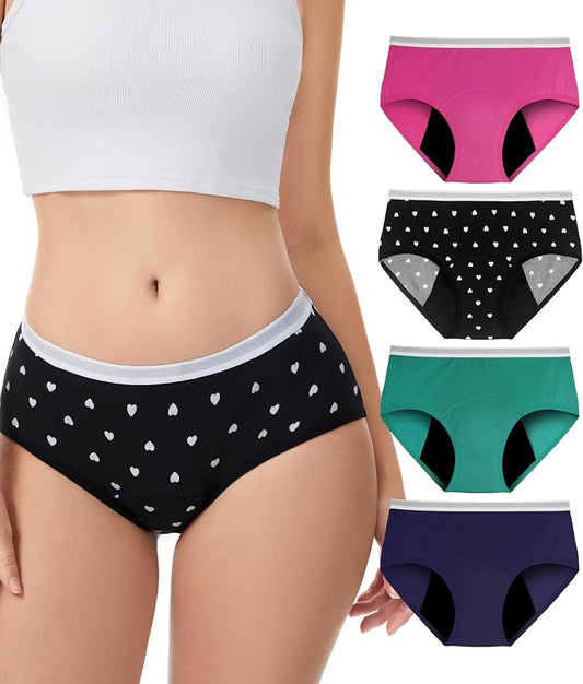 YESWEL Teen Girls Period Underwear, Menstrual Leak-Proof Heavy Flow Absorbency Washable Protective Cotton Panties 4 Pack