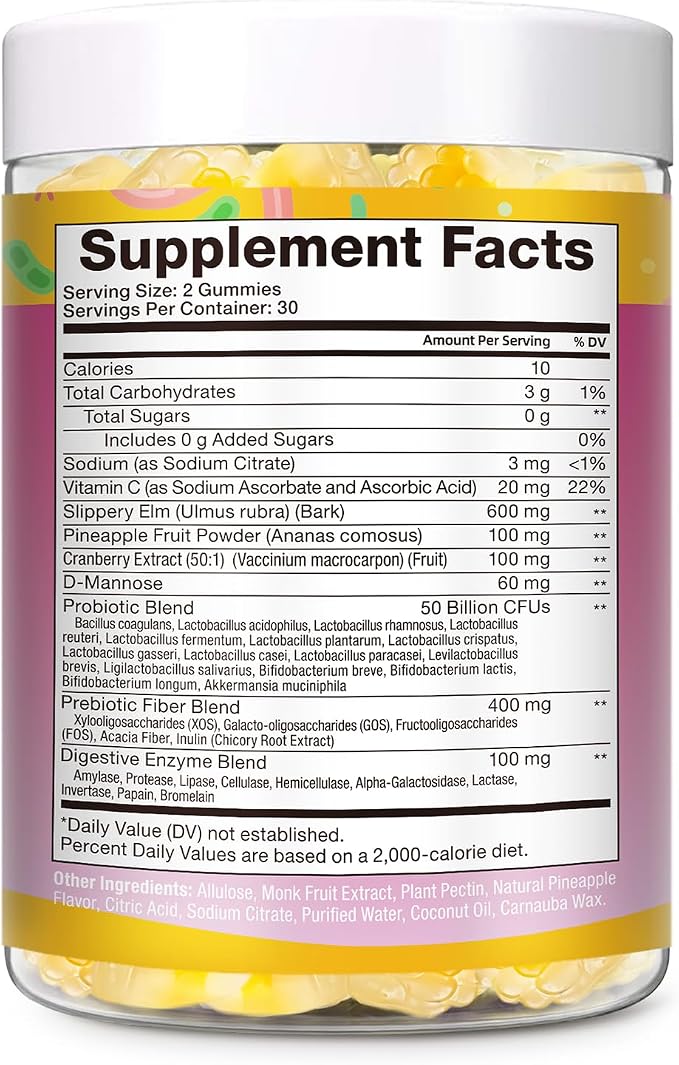 Totaria 9-in-1 Sugar Free Feminine Probiotics Gummies - Vaginal Flora & pH Balance, 50 Billion CFU with Prebiotic, Slippery Elm, Cranberry, for Vaginal, Urinary Tract & Gut, Hawaiian Pineapple, 60 Ct