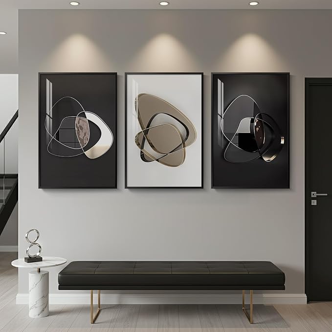 Large Framed Modern Elegant Abstract Wall Art for Living Room, 3 Piece Contemporary Luxury Metal Style Prints Paintings, Minimalist Pictures for Entryway, BeeHome, Home Office Wall Decor 24x36 In