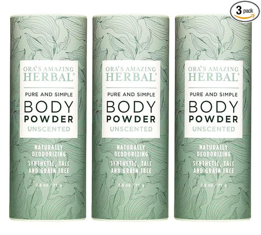 Fragrance Free Body Powder for Women and Men, Unscented Talc Free Talcum Powder, Cornstarch Free Dusting, Waxing, Natural Sugaring, Foot, Dry Shampoo, Made in USA, Ora’s Amazing Herbal, 2.5 oz 3 Pack