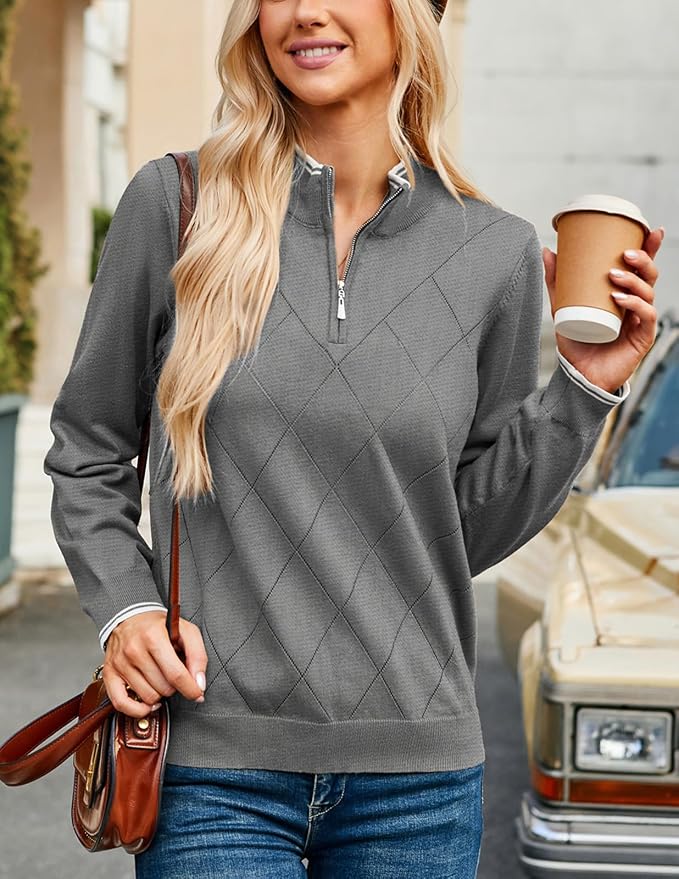 JACK SMITH Quarter Zip Pullover Sweaters for Womens, Rib Polo Sweater Tops | V Neck,Knit,Long Sleeve,Argyle,Open Pattern,Callar,Lightweight,Fashion,Golf Work Business Daily Wear Versatile Pullover Shirt