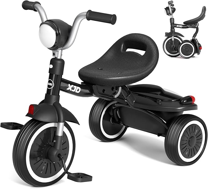 XJD Toddler Tricycle, Foldable Toddler Bike with Pedals, Tricycle for 2-5 Year Olds, Adjustable Comfortable Seat, Christmas Birthday Gifts for 1-5 Years Old Boys and Girls (Black)