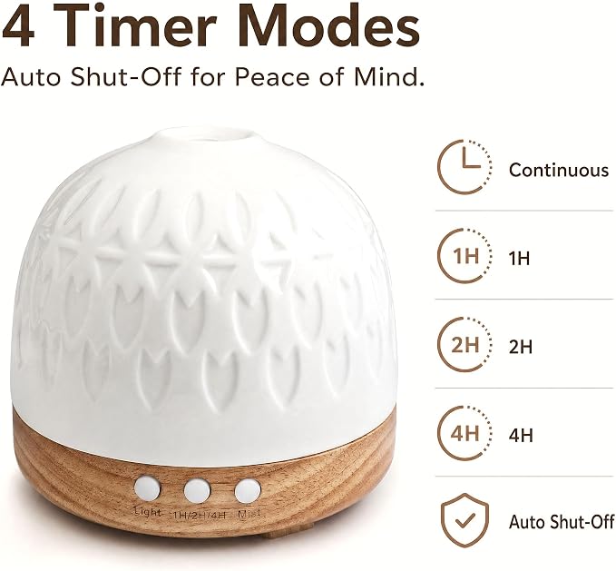 Ceramic Diffuser - 300ML Essential Oil Diffuser,White Porcelain Design, Quiet Cool Mist, 4 Timer Modes, Auto Shut-Off, Night Light for Bedroom and Home