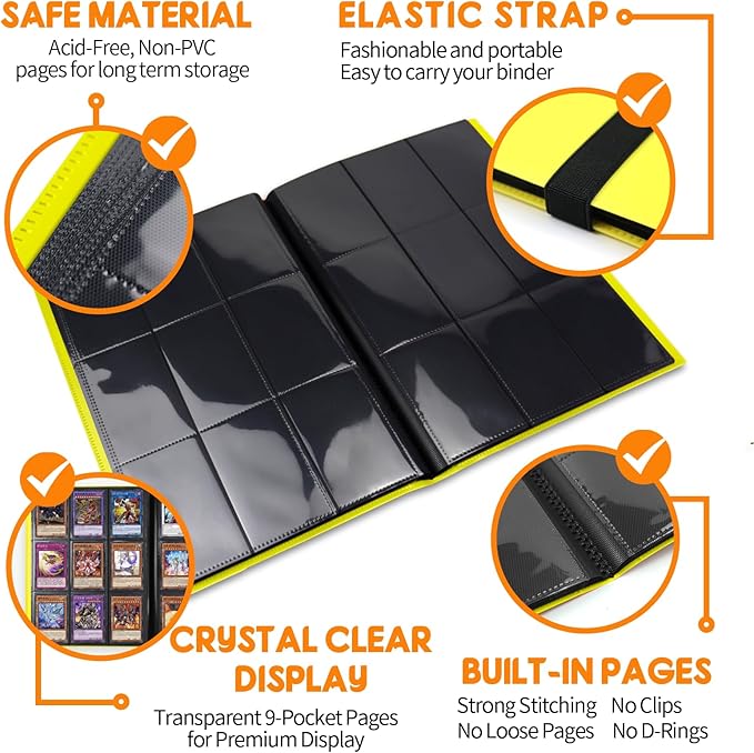Card Binder 9 Pocket, PP Cover Trading Card Binder for 360 Cards, Sturdy Card Collection Album, Card Holder Folders for MTG, TCG, Game Cards & Sports Cards,Yellow