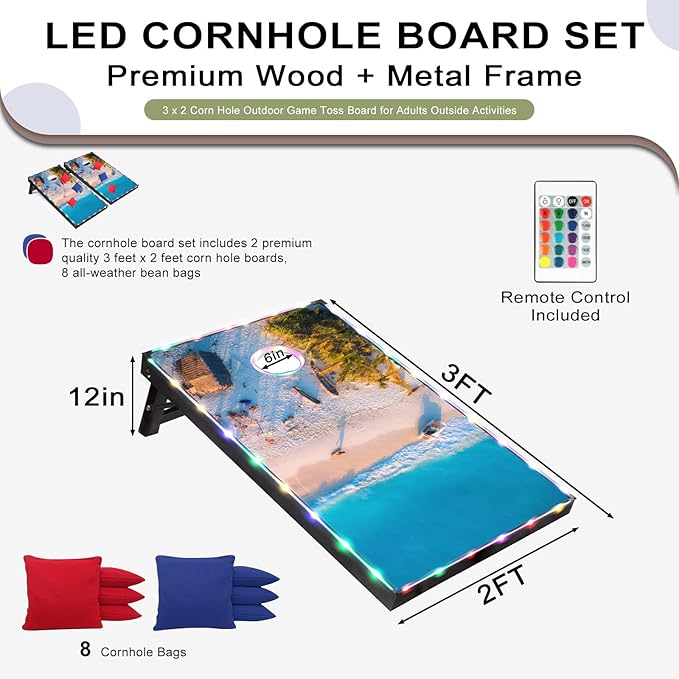 LED Cornhole Set, 3 x 2ft / 4 x2 ft Cornhole Board Game Set, Corn Hole Outdoor Game, Multi-Design with Light-Up Border, 8 Bean Bags, Carrying Case for Backyard, Beach, Lawn