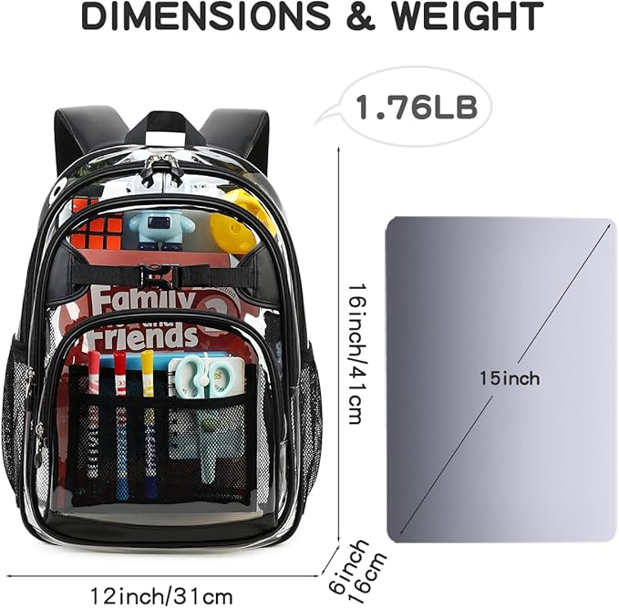 Cusangel Clear kids Backpack for Boys Girls,Black tpu Heavy Duty 16in Transparent Bookbag for School,Student children Bag Stadium Approved See Through Backpack,Stitch Bag durability