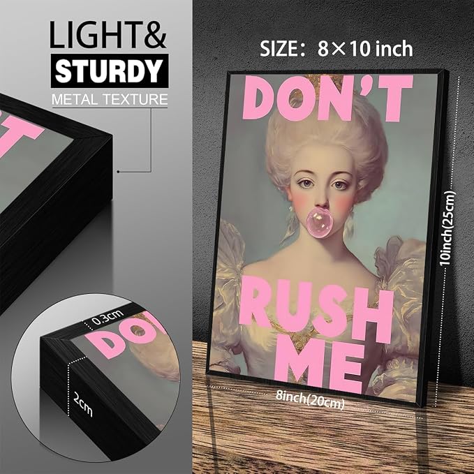 Don't Rush Me Wall Art Vintage Victorian Aesthetic Poster Elegant Girly Pink Bubble Gum Prints 08x10 inch Black Framed for Gallery Living Room Wall Decor