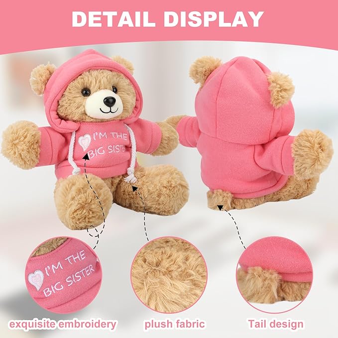 “I’m The Big Sister” Teddy Bear Stuffed Animal with Gift Box Removable Pink Hoodie Bracelet, Big Sister Gifts for Girls Who Promoted to Big Sister with Beautiful Greeting Card