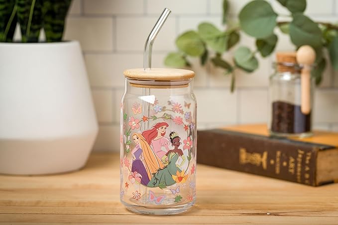 Silver Buffalo Disney Princesses Featuring Rapunzel Tangled, Ariel Little Mermaid, Tiana Princess and the Frog Spring Floral Glass Jar Tumbler with Bamboo Lid and Glass Straw, 16 Ounces