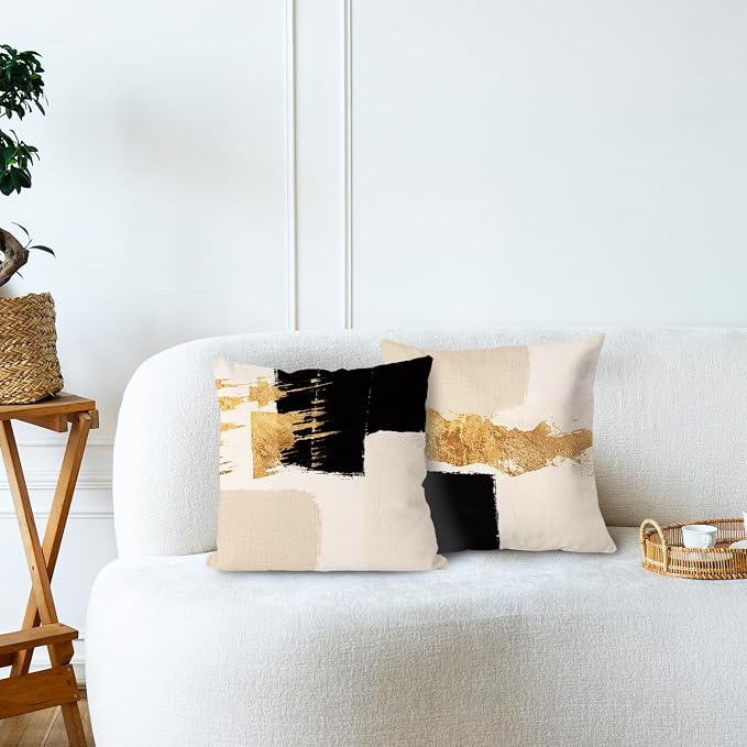 Black Beige and Gold Abstract Pillow Covers 22x22 Double-Sided, Mid Century Modern Decorative Throw Pillow Covers for Living Room Bedroom, Modern Home Decor, Black and Gold Decor, Set of 2