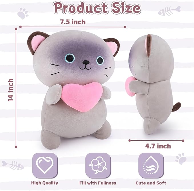 Achwishap Cat Stuffed Animal,Siamese Cat Plush with Love Heart,14” Siamese Cats Plush Toys,Cute Plushies Soft Cats Plushy Kawaii Plushie Huggging Pillow,Cuddly Animal Body Pillow for Kids Adults(Gray)