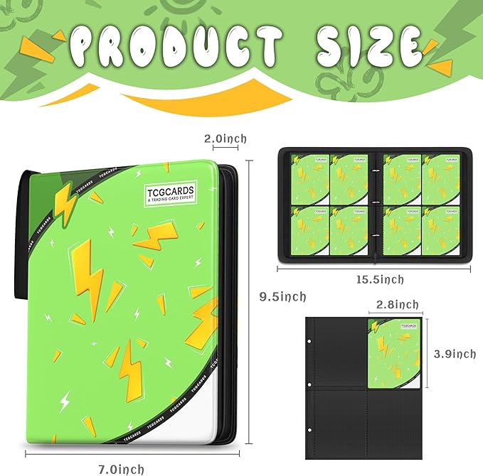 Trading Card Binder 4 Pocket,Card Binder 400 Pockets,Card Book Holder Cards with 50 Removable Sleeves,3-Ring Zip Design MTG/TCG/Sport Collectible Trading Card Albums Gifts for Boys and Girls(Green)