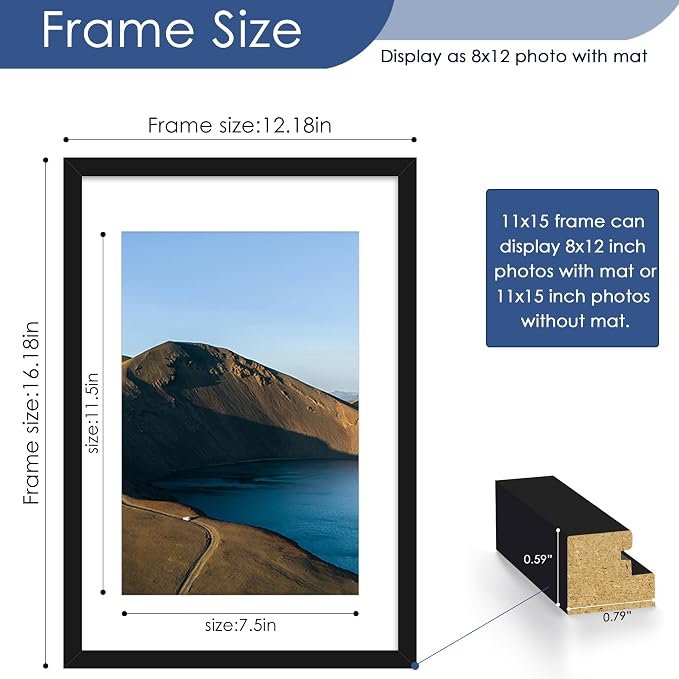 11x15 Picture Frame Set of 6, Wall Mount Display, Black | Display Pictures 8x12 with Mat or 11x15 without Mat,Horizontal or Vertical,Gallery Wall Frame Set,Wedding Birthday Gifts