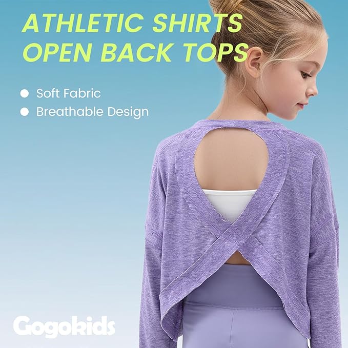 Gogokids Girls Shirts Long Sleeve Athletic Shirts Open Back Tops Active Sports Tshirts Yoga Workout Crop Tees 5-14 Years