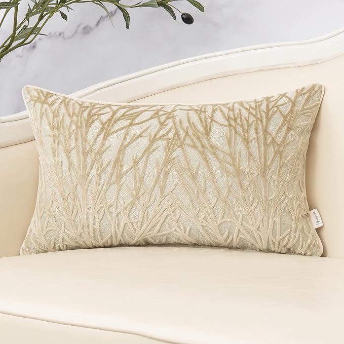 Beige Throw Pillow Cover Velvet Cushion Cover Branches Rectangular Neutral Pillowcase for Sofa Couch Bedroom Living Room, 12x20 Inch