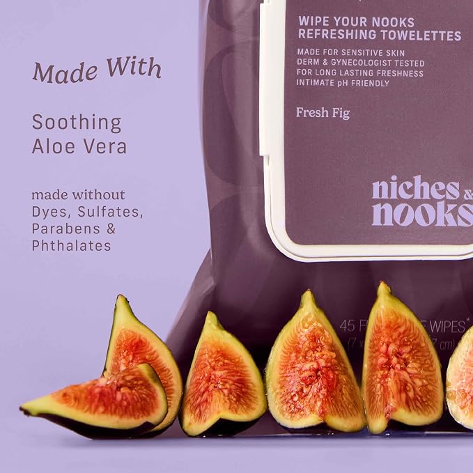 Niches & Nooks pH Balanced Aloe Vera Feminine Flushable Wipes for Women with Sensitive Skin – Fresh Fig – Odor Neutralizing – Daily Intimate Flushable Feminine Hygiene Wipes – Clean + Vegan – 45 Ct.