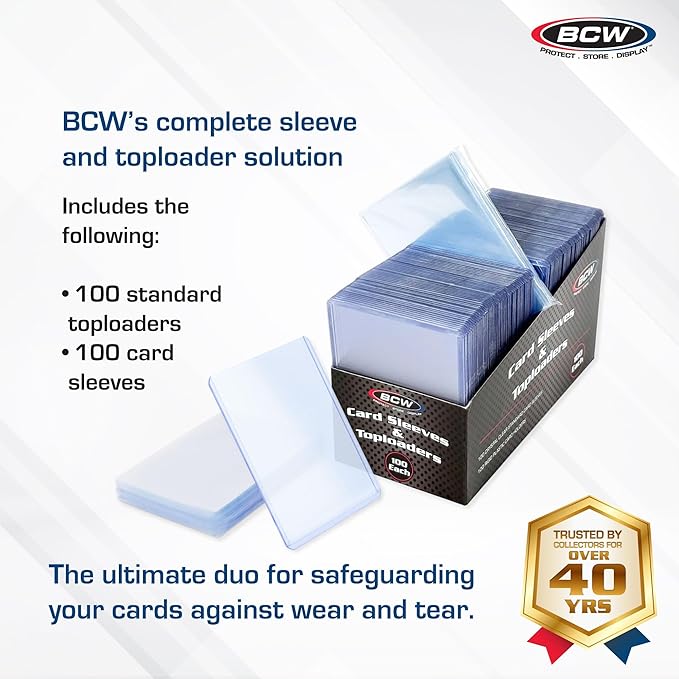 BCW Card Sleeves and Toploaders for Card Combo - 100 Count | Top Loaders and Acid-Free Penny Sleeves | Great for Football, Magic: The Gathering, Pokémon, and Baseball Card Protectors