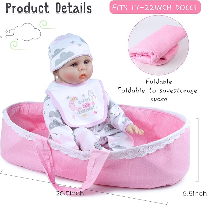 PEDOLLTREE 13 Pcs Reborn Baby Dolls Clothes Girl Accessories Outfit with Pink Dot Bassinet and Diapers Set for 17-22 Inch Reborn Dolls Newborn Baby Girl