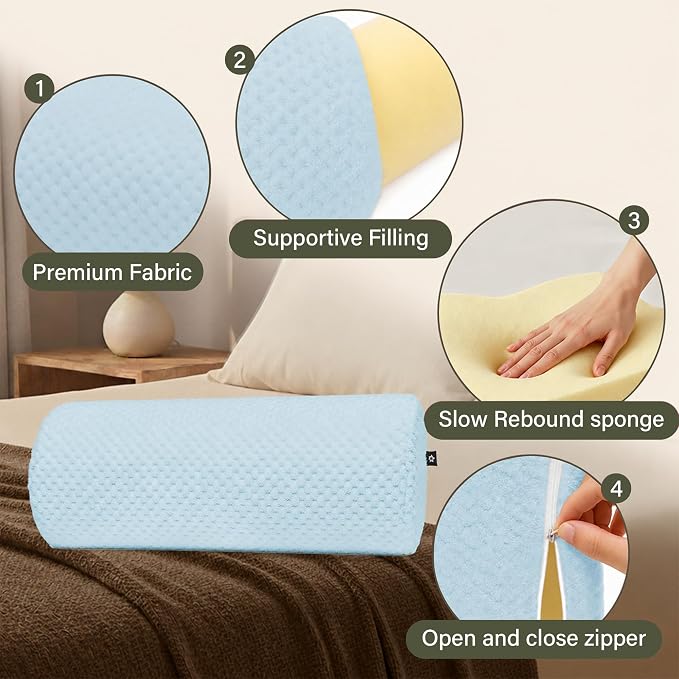 SPRING SEAON Half Moon Bolster Knee Pillow for Back Sleeping Memory Foam Leg Pillow for Ankle and Foot Comfort Under Knee Pillow for Side Sleepers Machine Washable Cover(17" x 7.5" x 4.3")