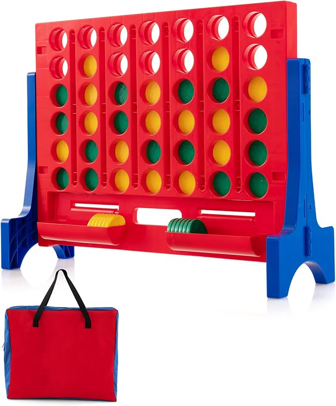 COSTWAY Giant 4 in a Row Game with Storage Carry Bag, Jumbo 4-to-Score Game w Chess, Quick Release Slider for Kids Adults, Indoor Outdoor Backyard Connect Game Set (Blue&Red)