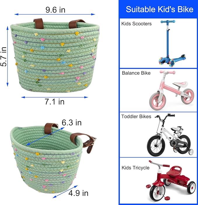 Kids Bike Basket for Boys and Girls, Children's Bicycle Basket Woven With Sisal Rope, Cute Decorative Accessories for Balance Bikes and Scooters