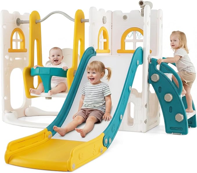 OLAKIDS Toddler Slide and Swing Set, 7 in 1 Kids Indoor Outdoor Playground with Climber Basketball Hoop Telescope Toy Storage for Boys Girls Aged 1+ (Yellow)