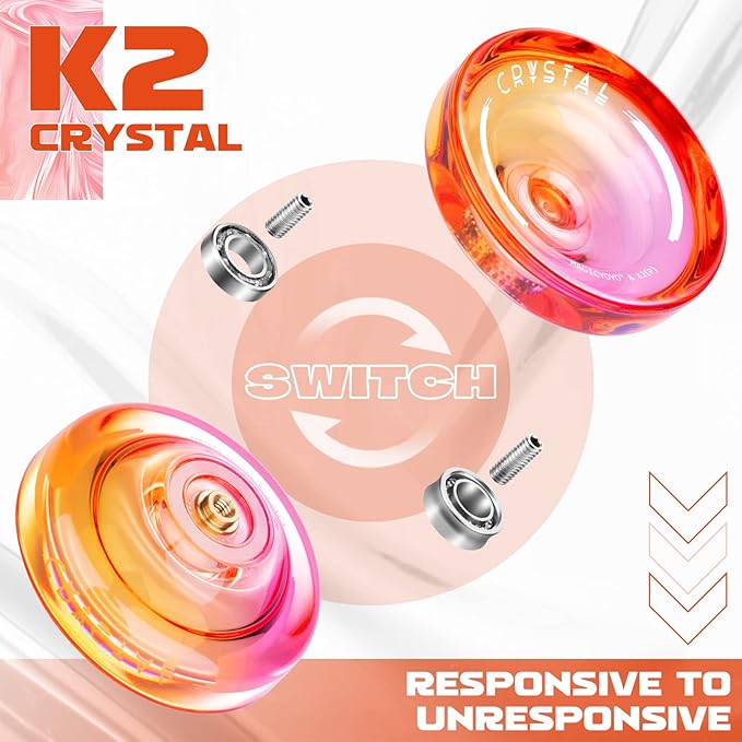 MAGICYOYO K2 Crystal Yoyo Professional Responsive Yoyo for Beginner, Double Colors Plastic Yo-Yo, Dual Trick Yo Yo with 12 Yo-yo Strings, Case Bag + Accessory Kit (Pink + Orange Gradient)