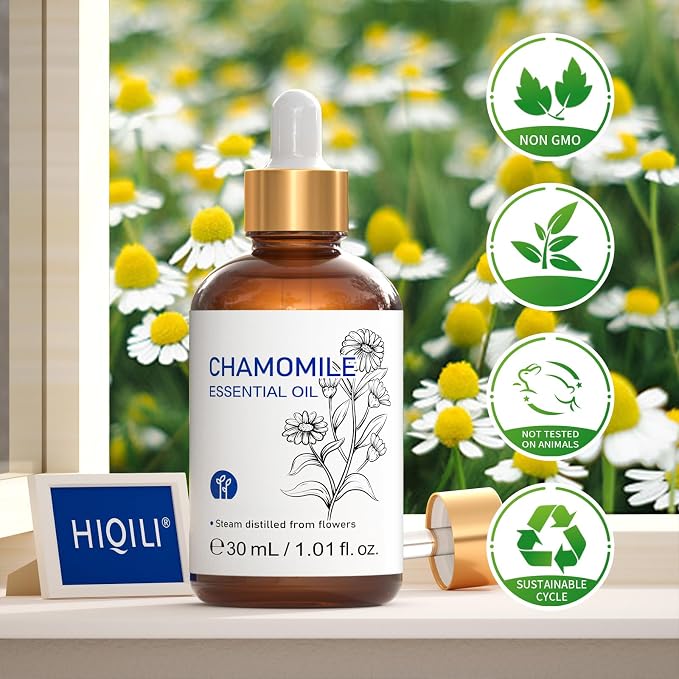 HIQILI 30ML Chamomile Essential Oil, Chamomile Oil for Diffuser, Skin, Soap, Shampoo - 1.01 Fl Oz | Keeping Space Fresh, Relaxing, Can be Used for Skin, Well with Base Materials to Soaps and More -30mL / 1.01 fl oz