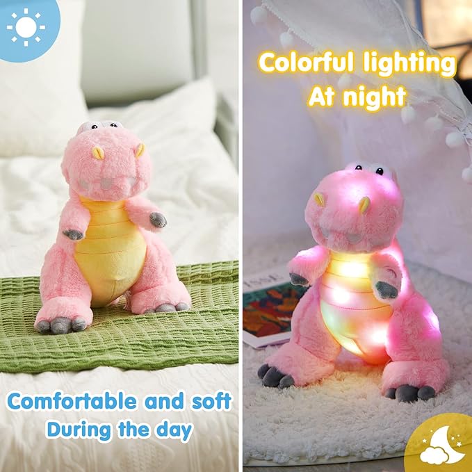 Houwsbaby 13'' Glowing LED T-Rex Dinosaur Light Up Stuffed Animal Soft Colorful Plush Toy Hugging Present for Kids Boys Girls Babies Accompany at Night Pet Decoration Holiday Birthday,Pink