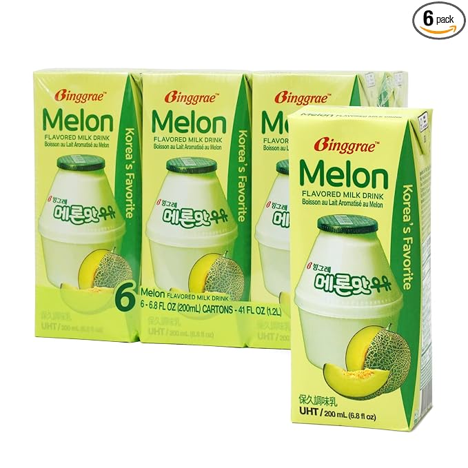 Binggrae Melon Flavored Milk Drink – Korean Sweet and Creamy Beverage – Shelf-Stable 6.8 fl oz Cartons – Pack of 6