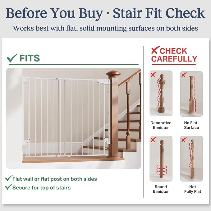 Cumbor 34" Extra Tall No Bottom Bar Baby Gate for Stairs, Hardware Mounted Dog Gate Indoor for Larger Pets, Expandable 29.2-43" Safety Gate for Doorways, Wide Walk Thru Door for Easy Access (White)