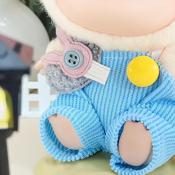 Doll Clothes for 17cm Dolls, Cute Outfit Set with Accessories, Bucket Hat and Overalls (No Doll) (Pink Blue Overalls Set)