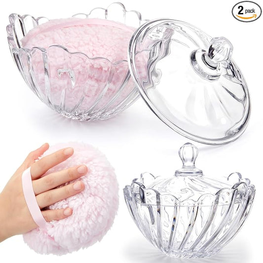 Tioncy 2 Pcs Extra Large Dusting Powder Puff and Container for Women-6'' Glass Crystal Dusting Powder Container Soft Washable Reusable Velour Face (Clear,Swirl)