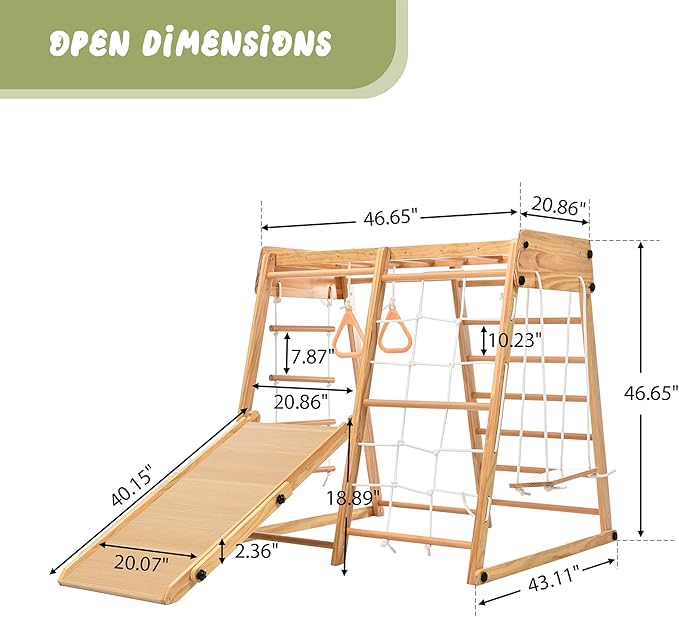 Indoor Playground 8-in-1 Jungle Gym Toddler Climbing Toys with Slides and Play Table Wooden Rock Climbing Ladder with Rope Wall Swing Rings Kids Slides Playset Natural Wood As Shown One Size