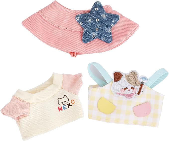 17 Cm Doll Clothes (No Doll) - Premium Doll Clothing & Accessories, Cute Cat Series - Star Cap+Root Short Sleeve+Cat Camisole(Style P)