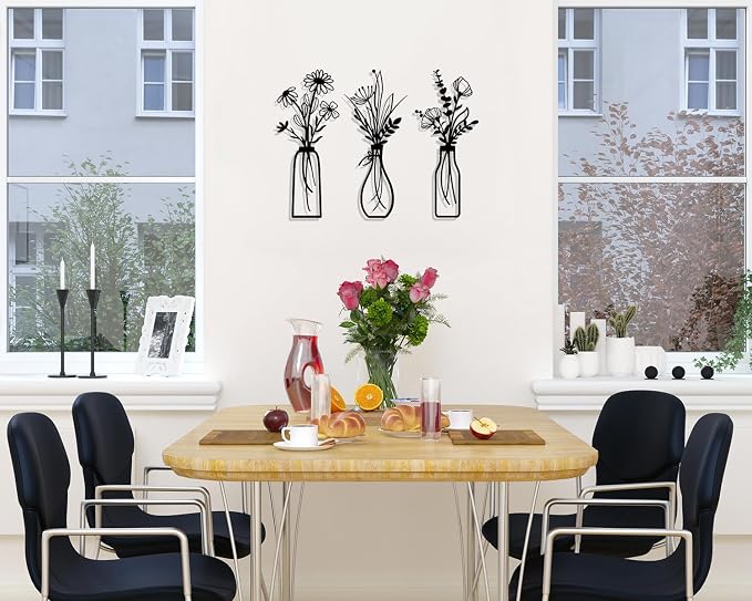 Pigort 3 Pieces Metal Flowers Wall Arts - Rustic Farmhouse Decor Black Minimalist Flower Wall Decors for Living room Bathroom Bedroom Dining Room - Housewarming Gifts(Black, Vase-C)