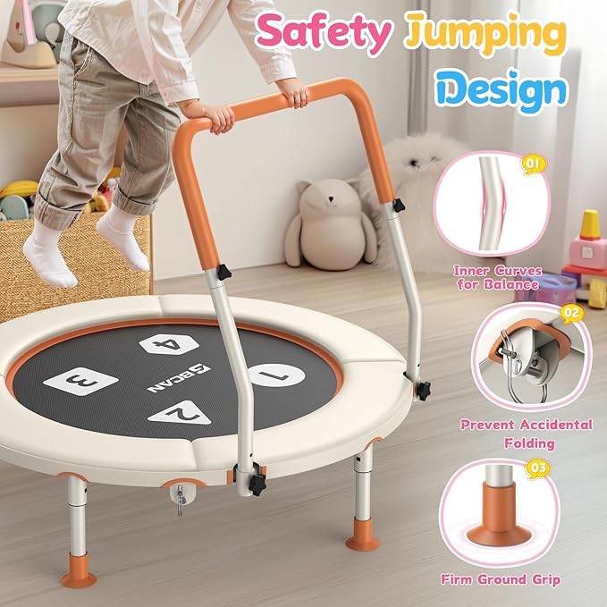 BCAN BT1 36'' Toddler Trampoline, ASTM Certified-Foldable Mini Trampolines for Kids Ages 1-6, Adjustable Handle, Safety Pad & Foldable Legs, Baby Trampoline Indoor/Garden, Gift for Boy and Girl