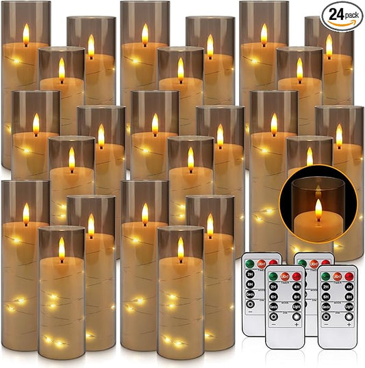 24-Pack Gray Flameless Candles with Remote, Battery Powered LED Candles with Embedded Star String Lights & Realistic Flickering Flame, Timer for Christmas Home Wedding Fireplace Mantle Decor