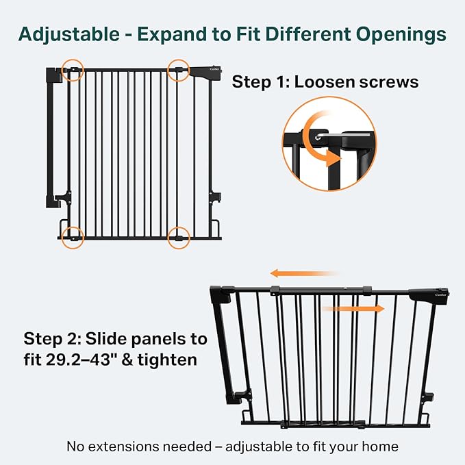 Cumbor 29.2–43" Baby Gate for Stairs, Hardware Mounted (Drill Required), Expandable No Bottom Bar Dog Gate, Auto Close Extra Wide Walk Thru, Pet & Toddler Proof Gate, Top & Bottom of Stairways(Black)
