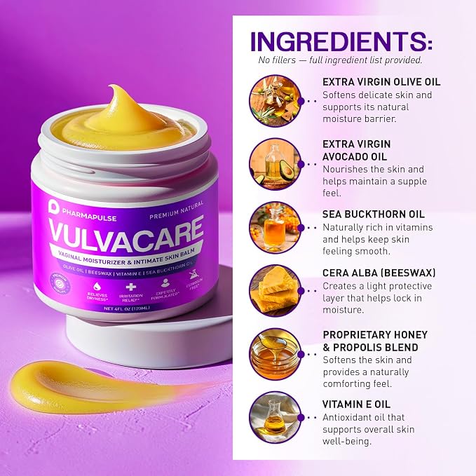 Pharmapulse Organic Vaginal Moisturizer, Vulva Balm Cream, Intimate Skin Care, Menopause Support - Relieves Dryness, Itching, Burning, Redness, Chafing, Odor, Irritation - Estrogen Free 4oz