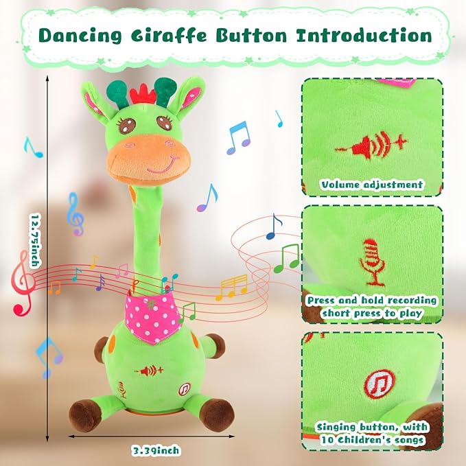 MIAODAM Dancing Giraffe Interactive Toy, Singing 10 Children's Song, Stuffed Baby Toy Repeats What You Say, Christmas Colorful Glowing Plush Interactive Toys for Toddler (Green Giraffe)